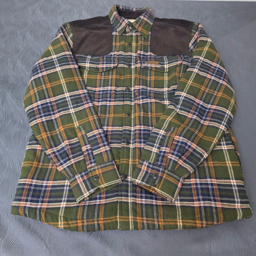 Field & Stream Flannel Shirt Jacket Mens M Green Excellent Sherpa Lined Plaid